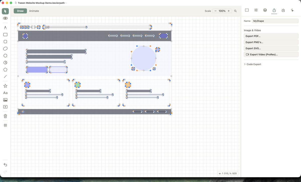 Export tab with PDF, PNG, SVG, video, and code export buttons