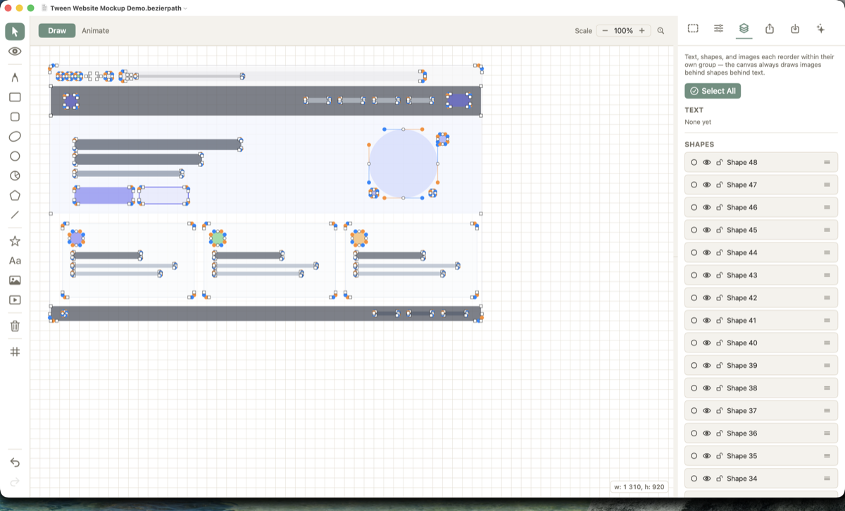 Layers panel listing shapes with hide, lock, and reorder controls